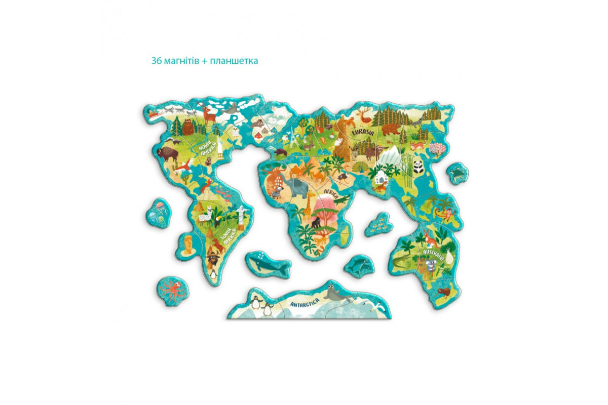Детская магнитная карта мира животных 200267, 36 элементов