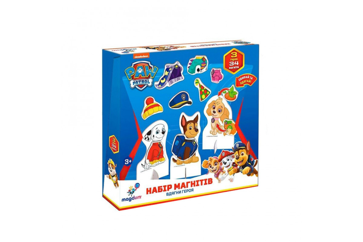 Дитячий набір магнітів "Щенячий патруль: Вдягни героя" ML4034-13, 3 героя 34 магніти