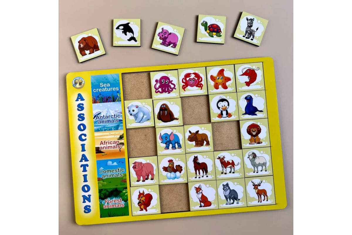 Дерев'яний пазл-вкладиш "Асоціації - види тварин" Ubumblebees (ПСД133) PSD133, 25 плашок