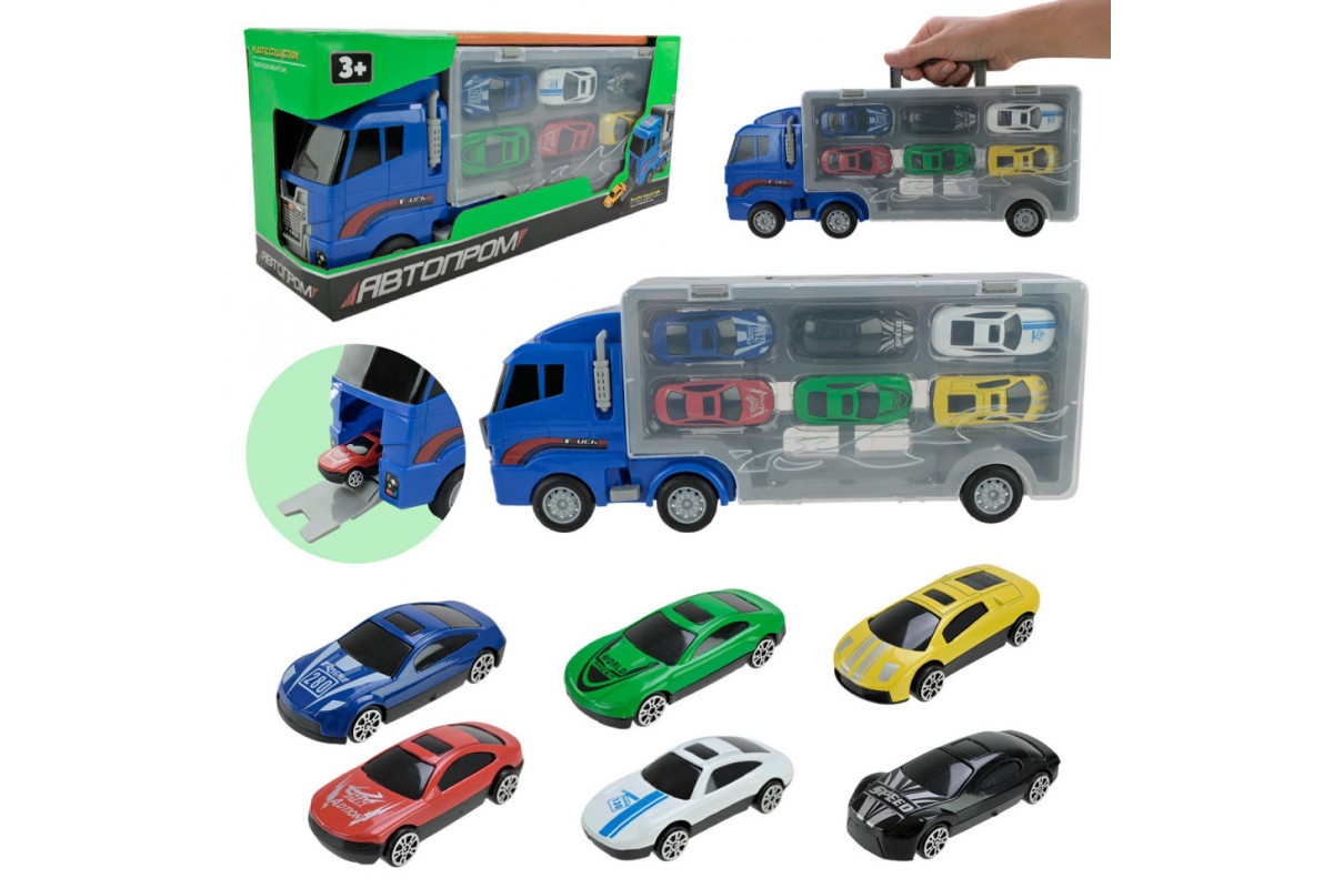 Детский трейлер с машинками PS006-1, 6 машинок