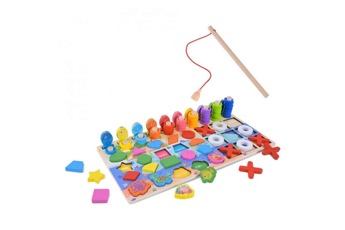 Деревянная игрушка Центр развивающий C9426 вкладыши, пирамидки, рыбалка