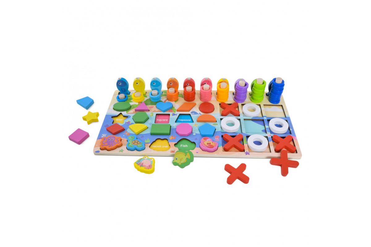 Деревянная игрушка Центр развивающий C9426 вкладыши, пирамидки, рыбалка