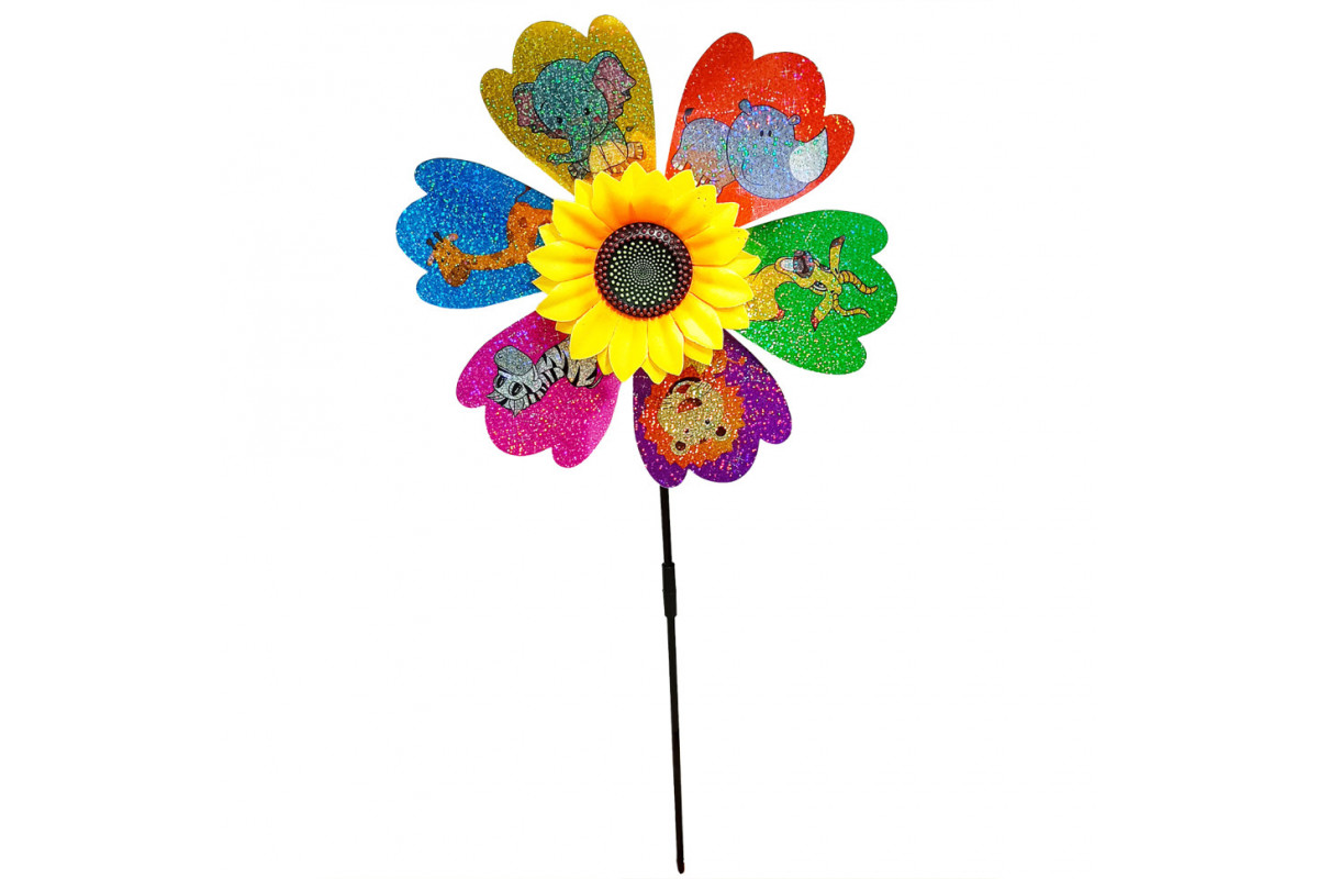 Детский ветрячок "Животные" МR 1225-3 цветок диаметром 28 см, палочка 48 см