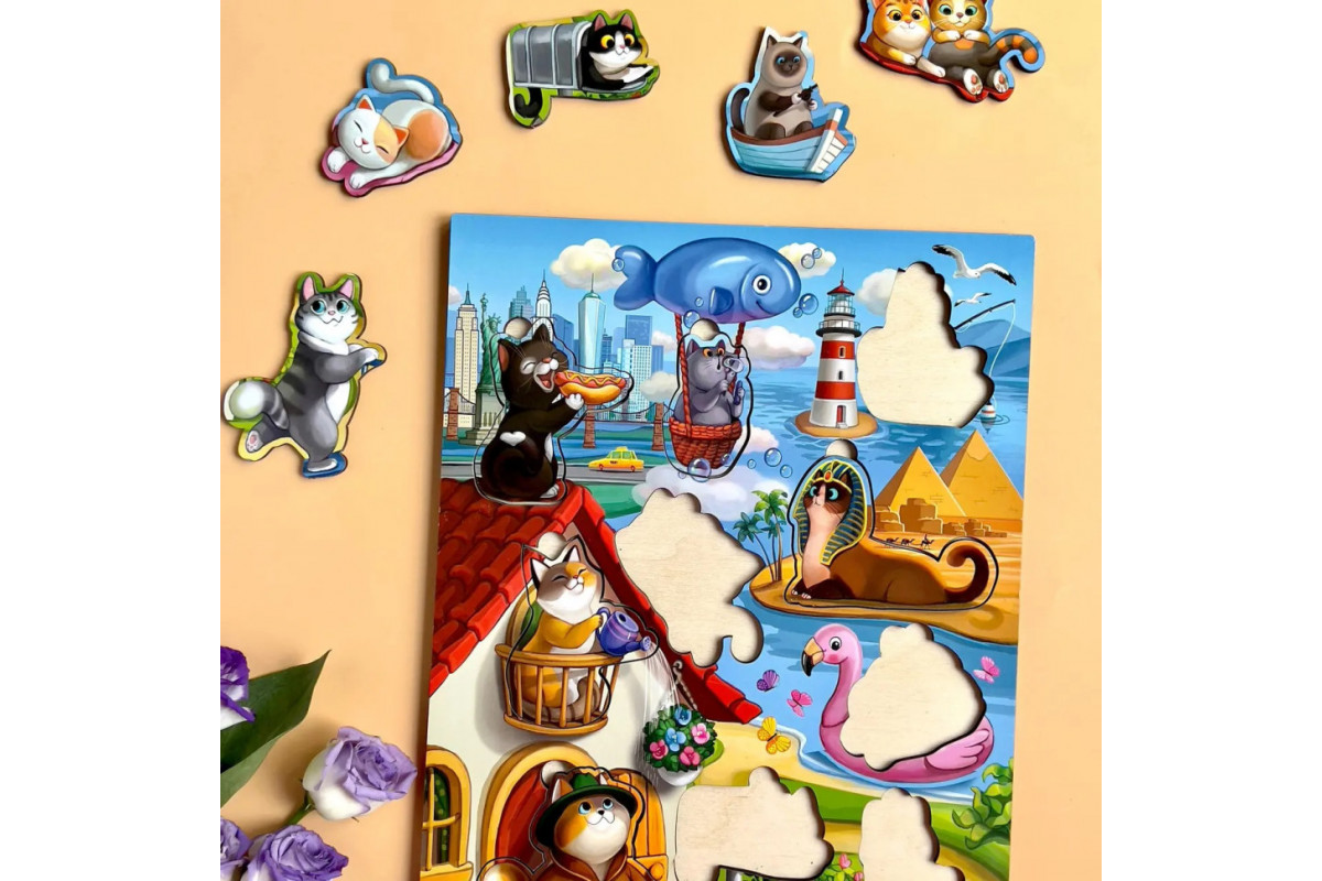 Деревянный пазл-вкладыш "Котики -1" Ubumblebees (ПСД128) PSD128 с домиком