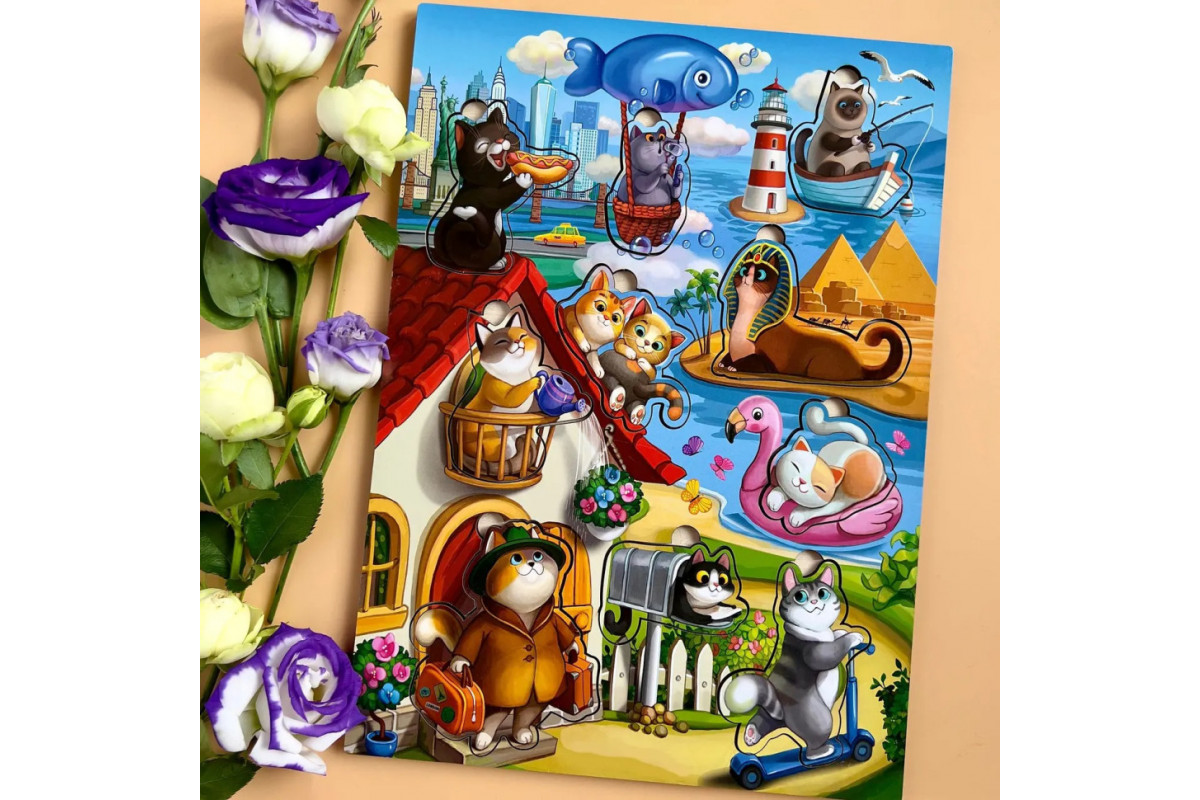 Деревянный пазл-вкладыш "Котики -1" Ubumblebees (ПСД128) PSD128 с домиком