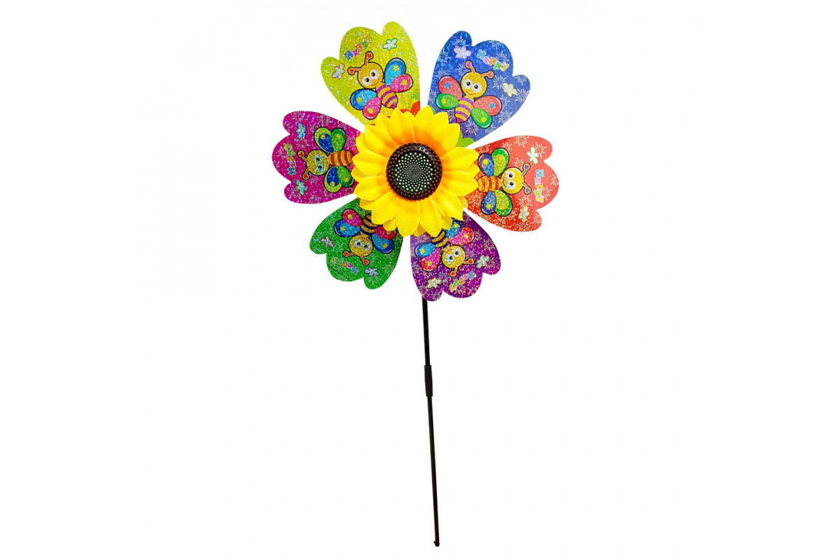Детский ветрячок "Бабочки" МR 1225-5 цветок диаметром 28 см, палочка 48 см