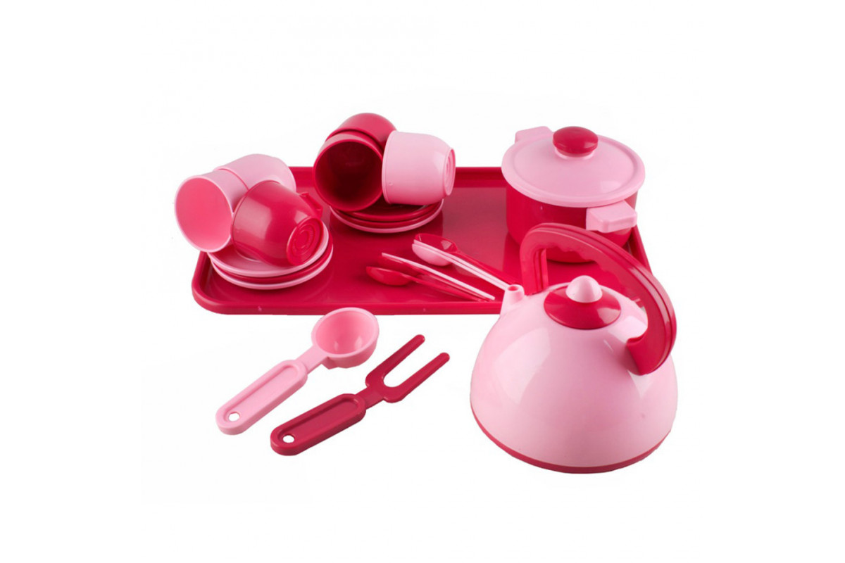 Игровой набор посуды 70309(Pink) с чайником, кастрюлей и подносом