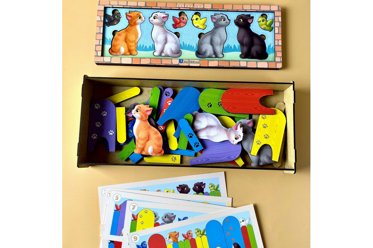 Дерев'яна гра з картками "Котики за парканом" Ubumblebees (ПСФ150) PSF150, 51 деталь і 14 карток