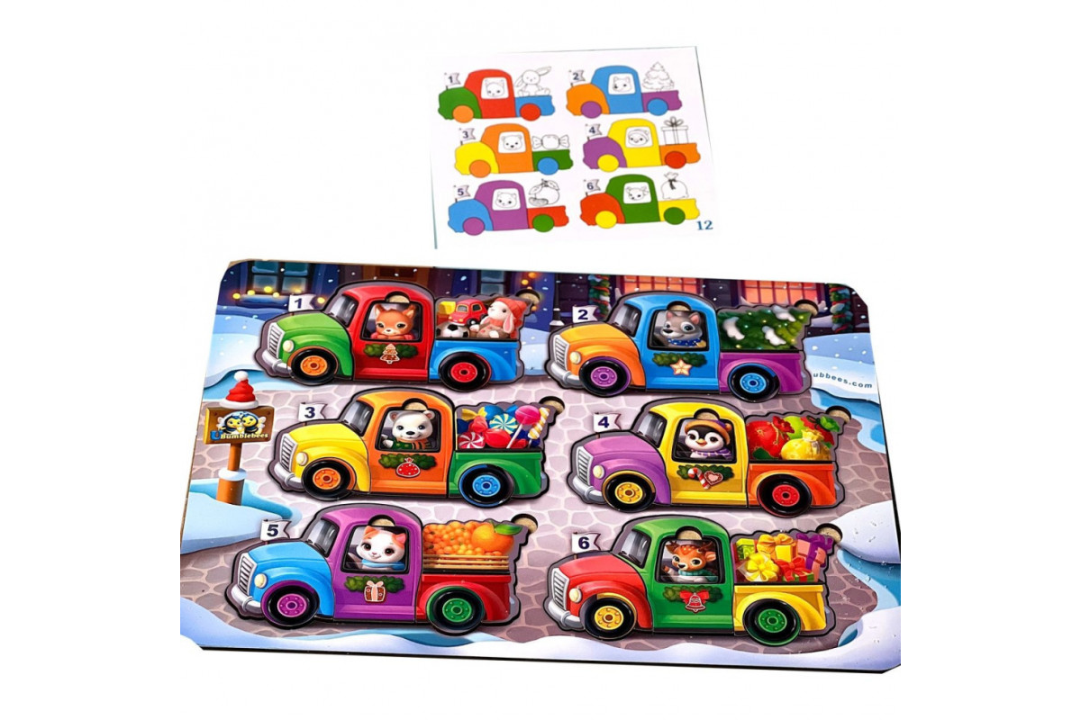 Дерев'яна гра з картками "Тварини на машинках" Ubumblebees (ПСФ132) PSF132, 42 деталі і 12 карток