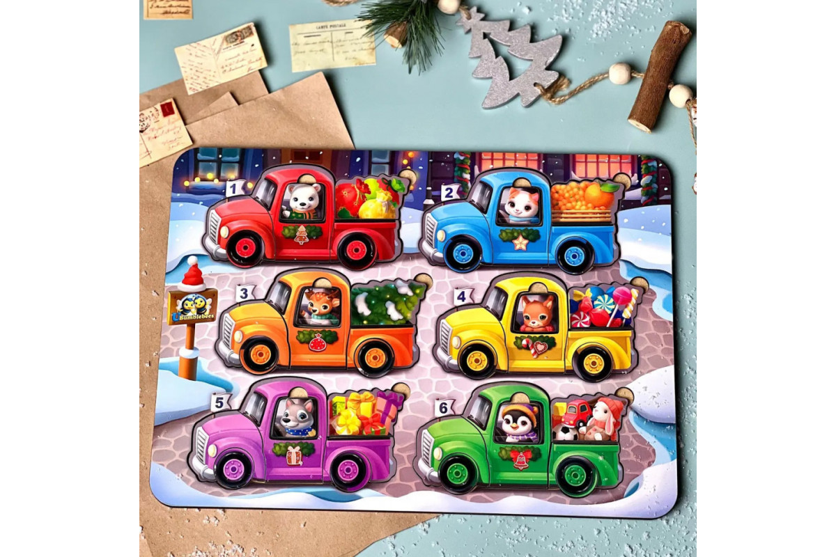 Дерев'яна гра з картками "Тварини на машинках" Ubumblebees (ПСФ132) PSF132, 42 деталі і 12 карток