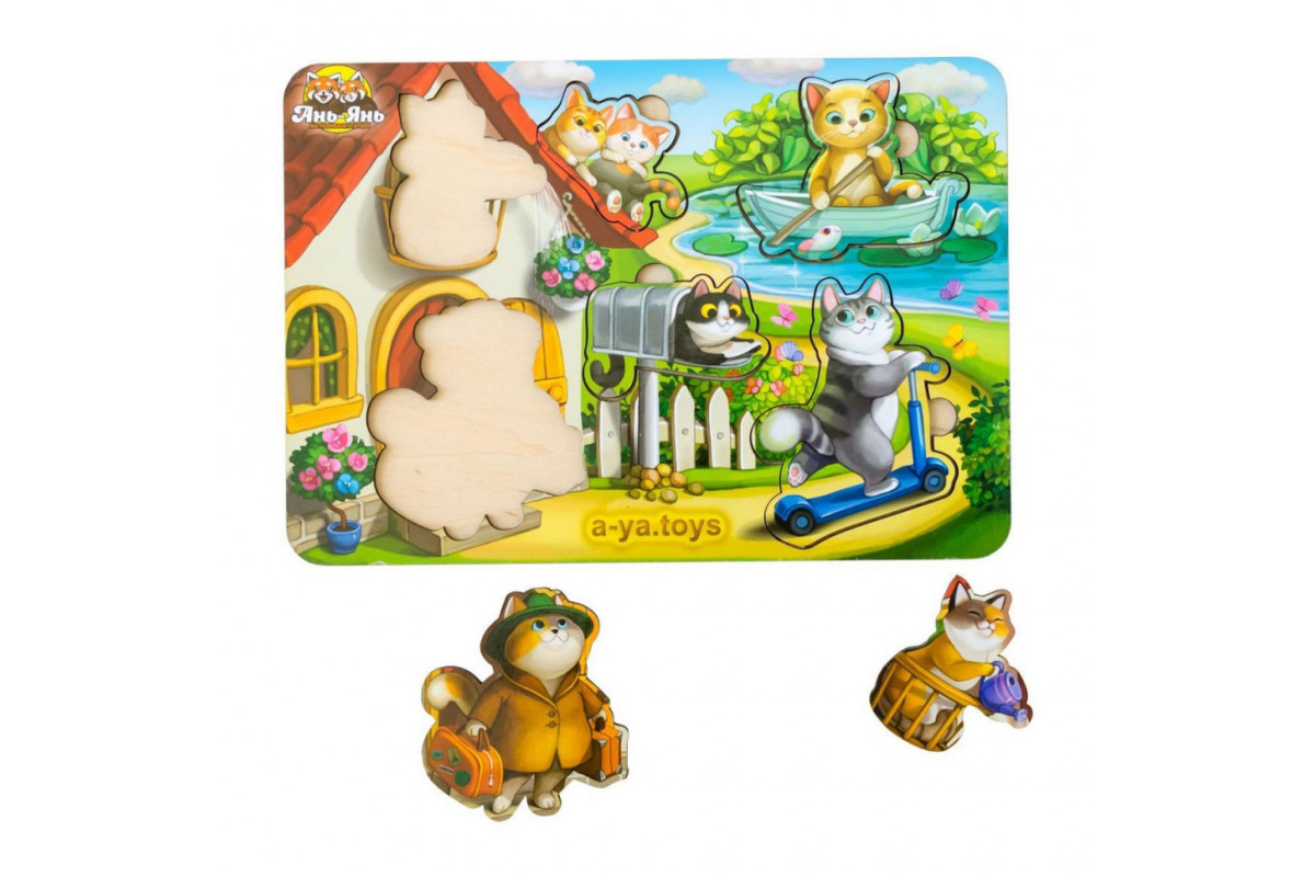 Деревянный пазл-вкладыш "Котики - 1" Ubumblebees (ПСД140) PSD140 с домиком