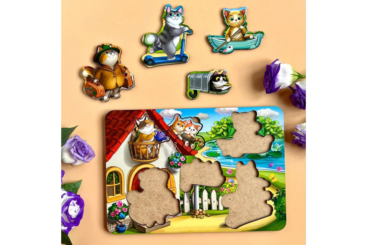 Деревянный пазл-вкладыш "Котики - 1" Ubumblebees (ПСД140) PSD140 с домиком