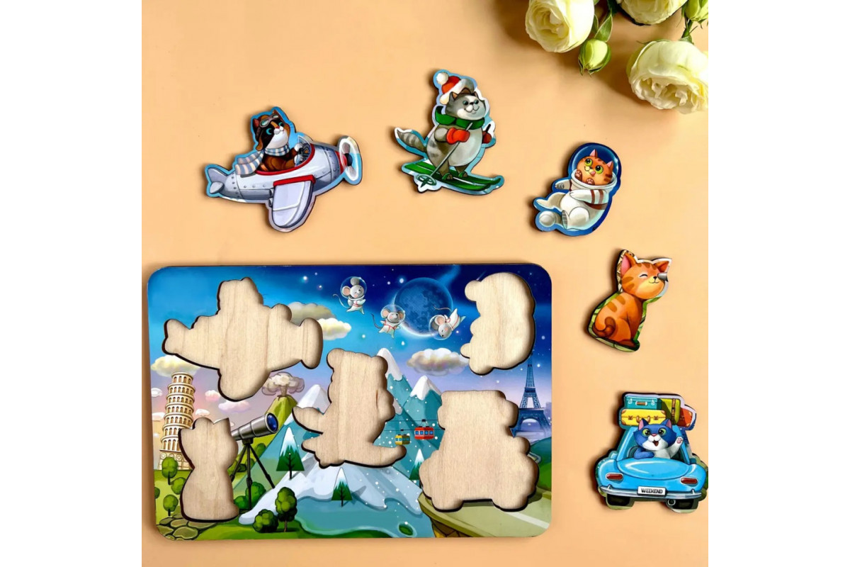 Дерев'яний пазл-вкладиш "Котики - 2" Ubumblebees (ПСД143) PSD143 з космонавтом