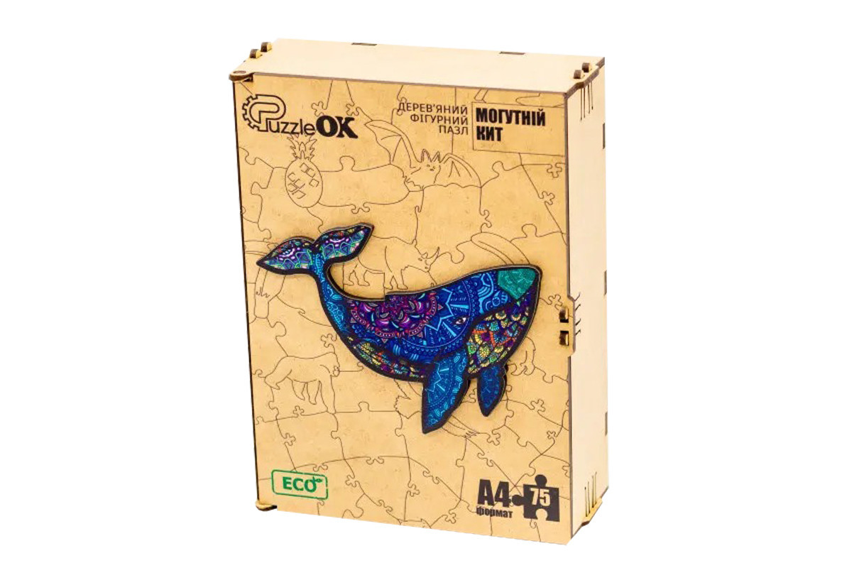 Фігурний дерев'яний пазл A4 "Могутній Кит" PuzA4-04126, 75 деталей