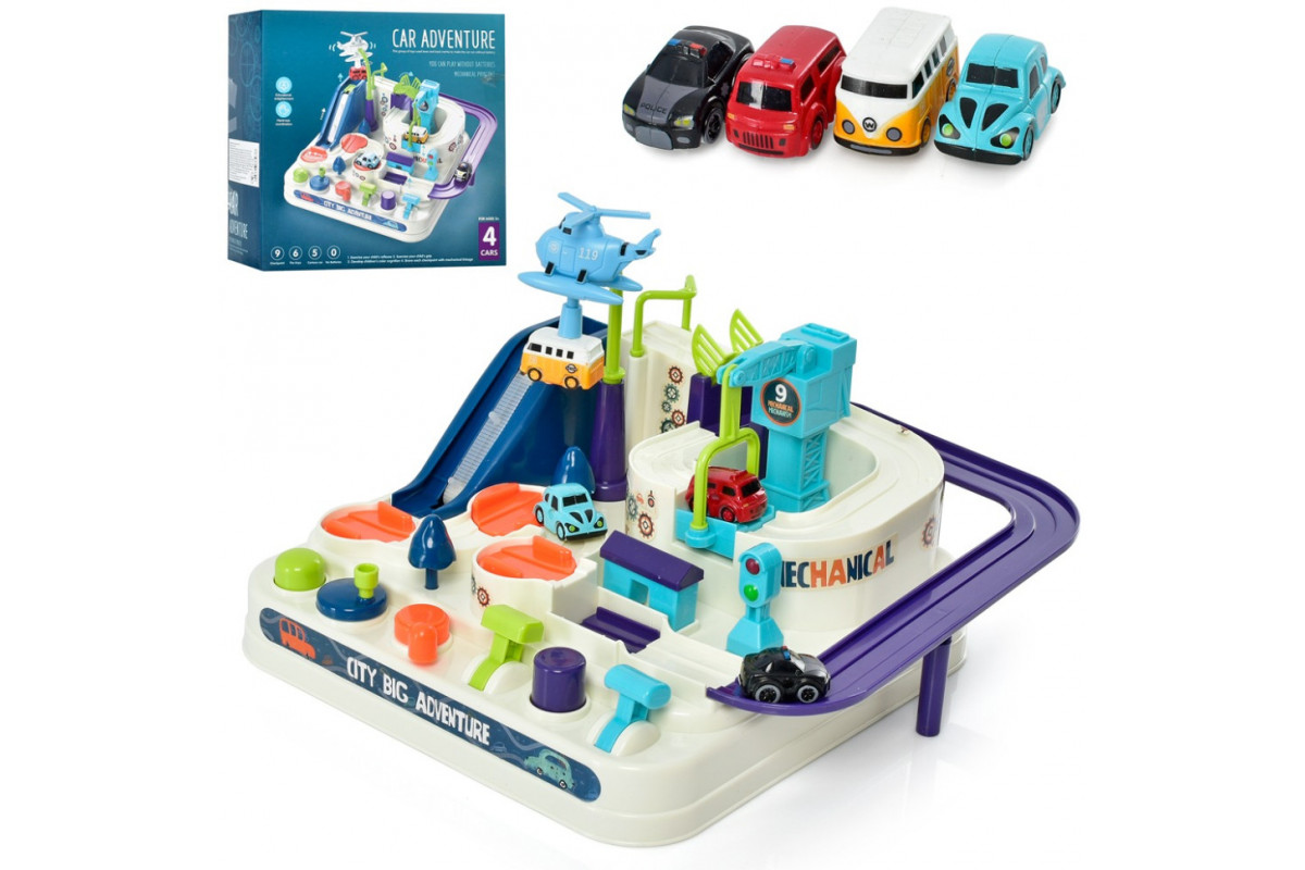 Детский игровой набор "Трек" T802A 4 машинки, вертолет, подвижные детали