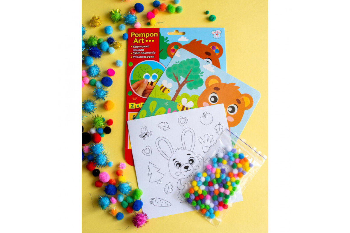 Набір для творчості Ведмідь Pompon Art 10100692, 100 помпонів та розмальовка