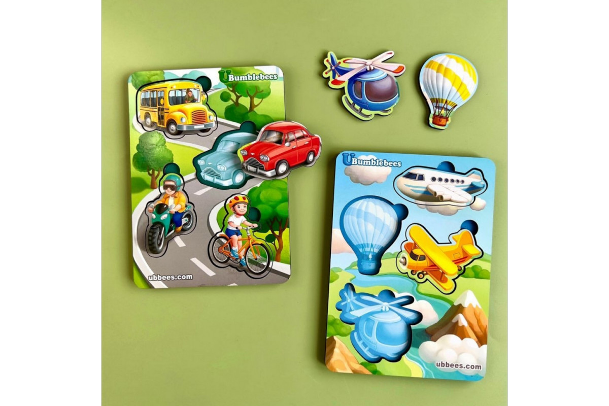 Деревянный пазл-вкладыш "Транспорт-2" Ubumblebees (ПСФ115) PSF115 фон с подсказкой