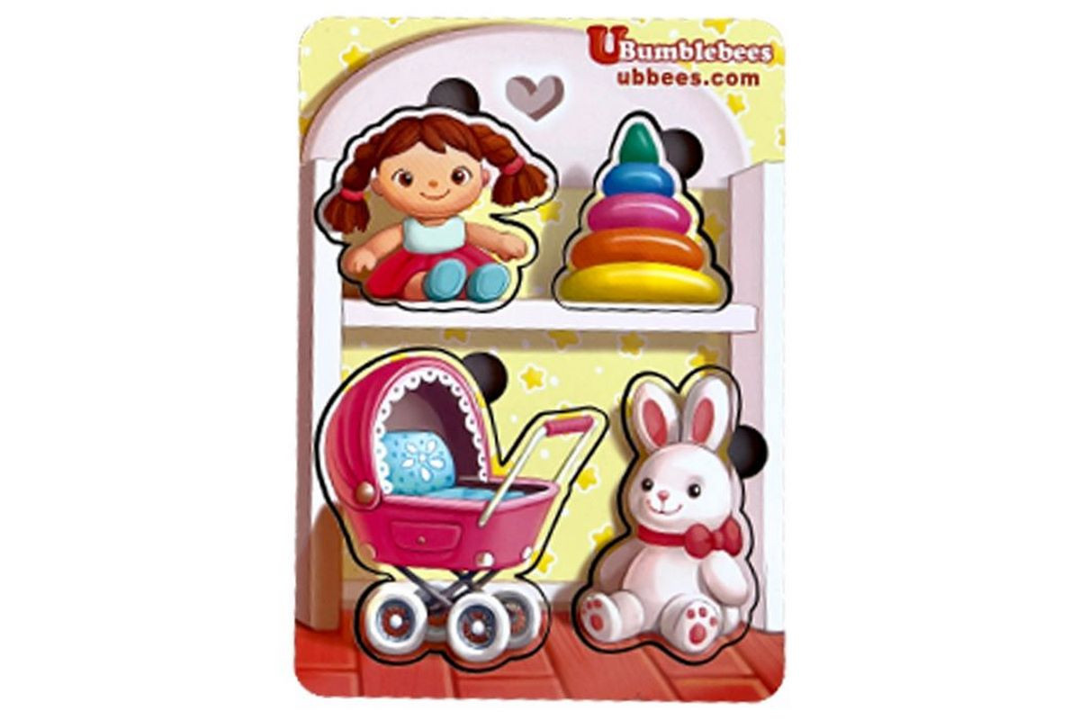 Деревянный пазл-вкладыш "Игрушки-2" Ubumblebees (ПСФ117) PSF117 фон с подсказкой